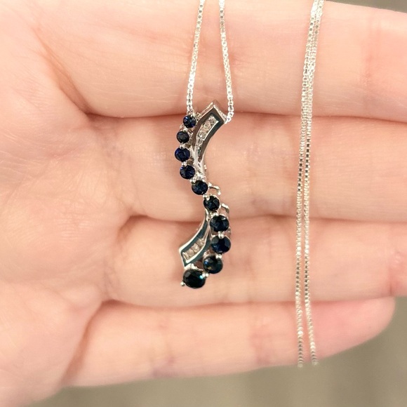 10K Sapphire Diamond Journey channel swirl natural dark blue white gold pendant - Picture 7 of 11